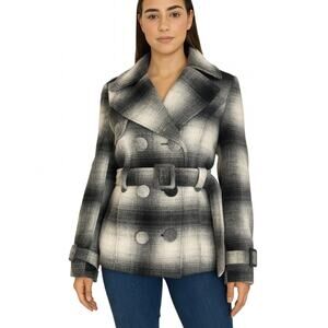 Grane Womens Wool blend waist Belted checkered Blazer M black white button up